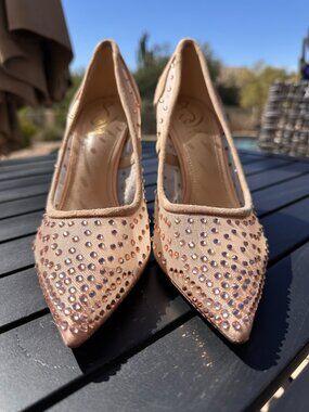 Sam Edelman Nude Champagne Rhinestone Mesh Heels Pointed Toe Pumps Size 8.5